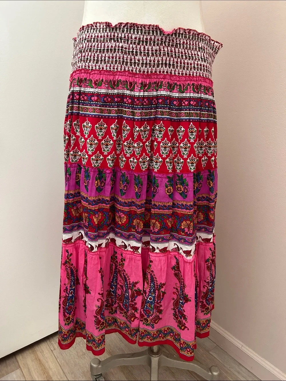 Bohemian Cotton Pink Floral Tiered Maxi Skirt size L ruched waist lined